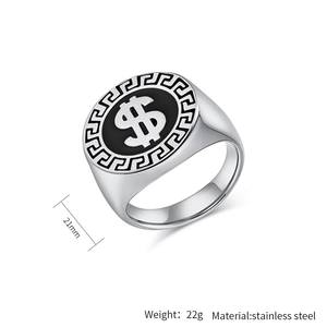 Detail view of silver stainless steel ring featuring dollar sign and Greek key pattern