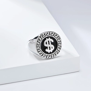 Hip hop silver stainless steel signet ring with dollar sign and meander pattern edge