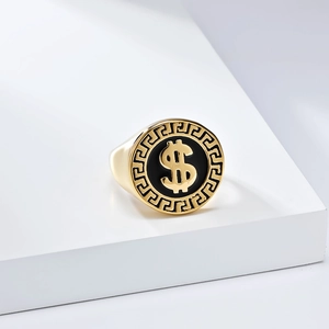 Hip hop gold titanium steel dollar sign ring with black round face and greek key border