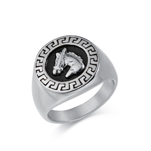 Vintage stainless steel signet ring for men featuring a horse head relief with Greek key border