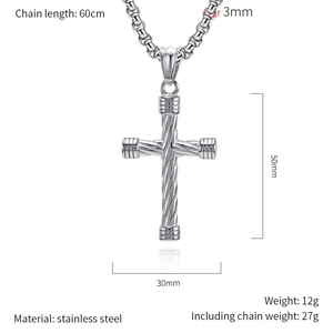 Detail showing dimensions of the stainless steel cross pendant with twisted metal texture
