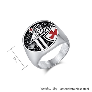 Detailed 45-degree view of silver stainless steel crusader shield ring with red cross