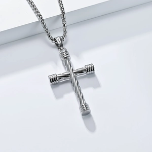 Silver twisted rope stainless steel cross necklace with box chain on a white stand