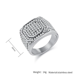 Macro detail of 16mm octagonal stainless steel ring with micro-pave crystals