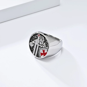 Vintage Crusaders Templar shield knight ring in stainless steel with red cross relief