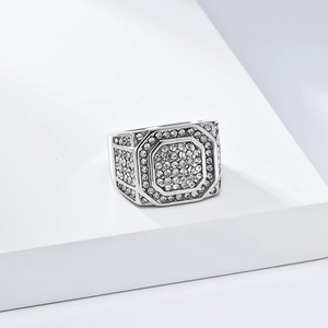 Men's hip hop octagon ring in silver stainless steel with full pavé iced out zircons