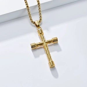 Golden twisted texture stainless steel cross pendant necklace with box chain for men
