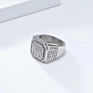 Detail of silver men's signet ring with micro-pave cubic zirconia in octagon shape