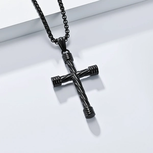 Mens black twisted stainless steel cross pendant necklace with classic bead chain link