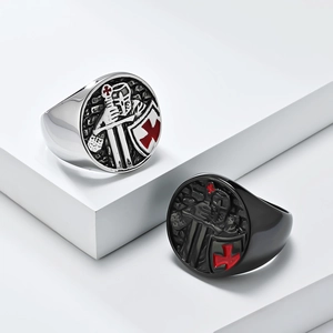 Retro Knights Templar shield ring in silver and matte black finish with red cross detail