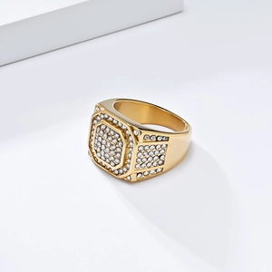 Macro side view of men's hip hop signet ring with full white zircon stones on gold plating