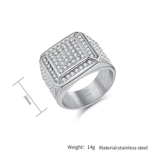 Detail of 19mm silver stainless steel ring with weight 14g and iced out zircon stones