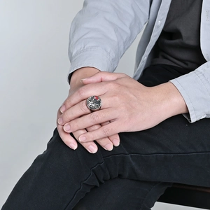 Vintage Knights Templar shield ring in stainless steel worn by male model on hand