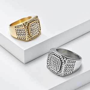 Hip hop style gold and silver iced out titanium steel rings for men with full zircons
