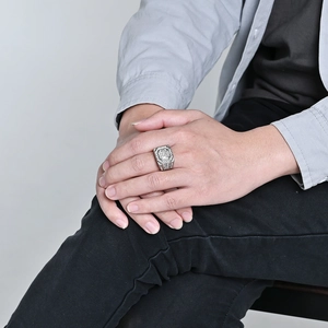 Men hip-hop square signet ring in silver finish with iced-out pave cubic zirconia stones