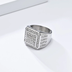 Macro view of silver luxury hip hop square ring with micro-pave white zircon stones