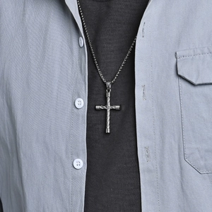 Men's stainless steel twisted cross pendant necklace with dark gunmetal bead chain