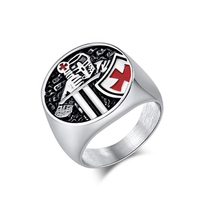 Vintage Templar Knight Crusader Shield Cross Ring For Men Stainless Steel Retro Red Cross Signet Biker Ring Band Jewelry Gift