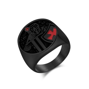 Matte black stainless steel signet ring with red crusader cross and knight shield detail