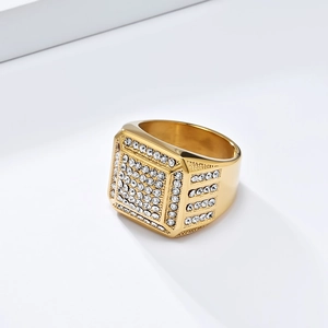 Close-up of hip-hop signet ring in 18K gold plating with micro-paved white zircons