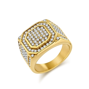Hip Hop Iced Out Full Rhinestone Stainless Steel Ring For Men Octagonal Polished Gold Plated Signet Finger Ring Jewelry