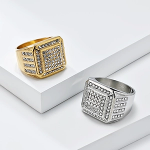Luxury hip hop square signet rings with full crystal diamonds in gold and silver finish