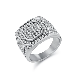 Men's hip hop octagonal ring in silver stainless steel with full pavé cz stones
