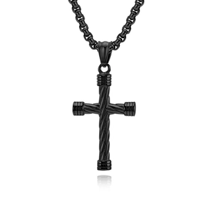 Polished black stainless steel cross necklace with twisted cable texture on white background