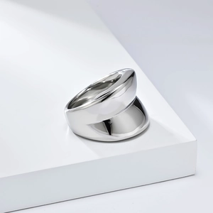 Minimalist silver chunky asymmetric titanium steel ring with high-polished mirror finish