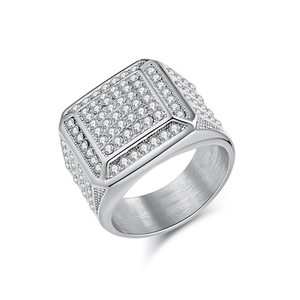 Luxurious silver square signet ring with micro-pave crystals and polished steel finish