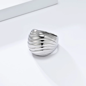 Polished silver chunky titanium steel dome ring with textured wavy groove surface
