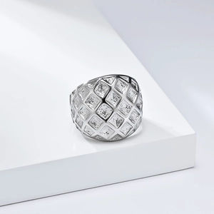 Fashionable silver wide band ring with honeycomb texture on a white geometric stage