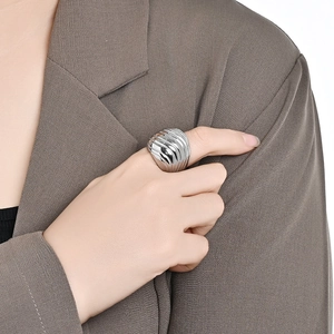 Polished silver stainless steel chunky dome ring with textured ripple design for women