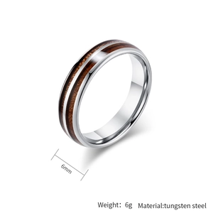 Close-up of 6mm tungsten steel ring featuring double wood grain inlay and polished finish