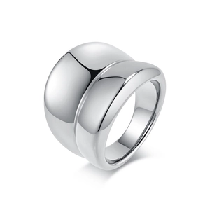 Minimalist polished stainless steel wide band ring with a glossy double-layered mirror finish