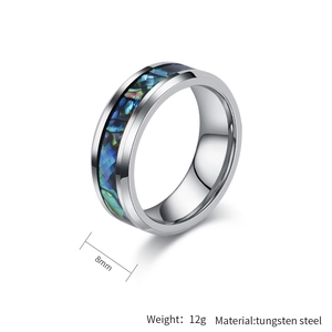 Detail showing 8mm tungsten steel ring with colorful abalone shell inlay weighing 12g