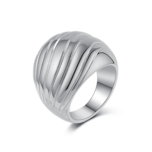 Polished silver stainless steel chunky dome ring with vertical striped texture grooves