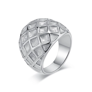 Polished silver stainless steel ring featuring textured diamond pattern grid surface