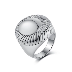 Polished silver metal ring featuring a domed top with deep radial ribbed geometric patterns