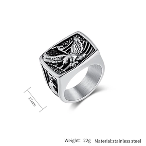 Detail shot of eagle crest signet ring with 17mm width and stainless steel marking