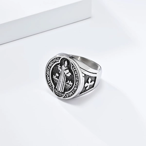 Vintage stainless steel Saint Benedict medal ring for men with cross relief engraving
