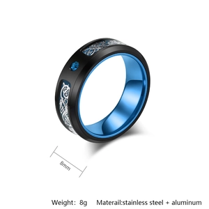 Detail view of 8mm stainless steel ring with Celtic pattern and blue gemstone