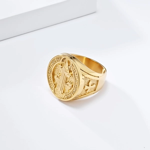 Vintage gold St. Benedict medal ring in stainless steel for men with religious carvings