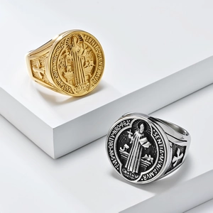 Saint Benedict medal rings in gold and vintage silver finish for men in stainless steel