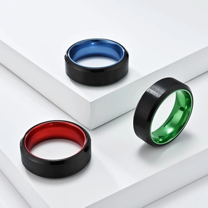 Mattschwarze Edelstahlringe mit blau rot und grün plattierter Innenseite Set