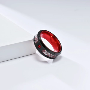 Men's titanium steel ring with silver Celtic dragon pattern and red inner band finish