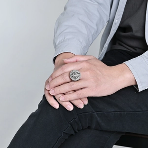 Vintage Saint Benedict medal ring for men in silver stainless steel showing religious detail