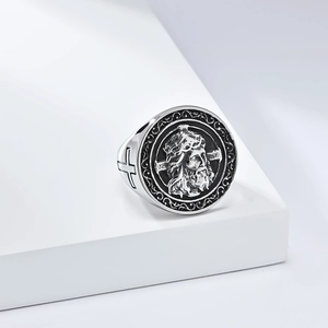 Vintage stainless steel signet ring for men featuring a 3D Jesus Christ relief