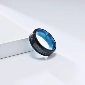 Men's titanium steel dragon pattern ring with blue inner band and sapphire inlay