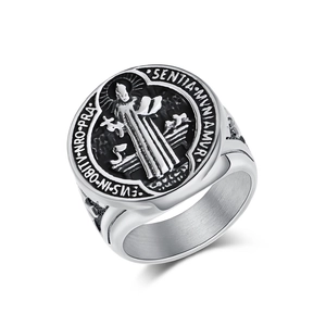 Retro Men Stainless Steel St. Benedict Medal Ring Religious Exorcism Signet Ring Polished Cross Embossed Jewelry Gift